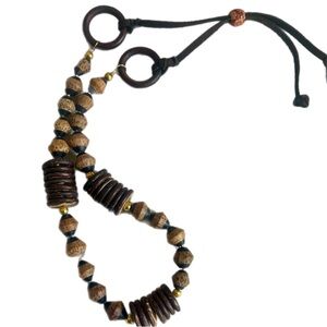 Boho Handmade Carved Wood Bead Necklace Adjustable Leather Cord